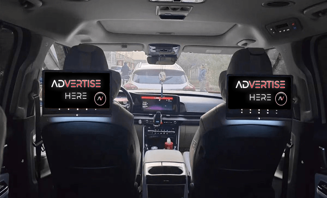 ADRIDE backseat touchscreens inside a rideshare vehicle